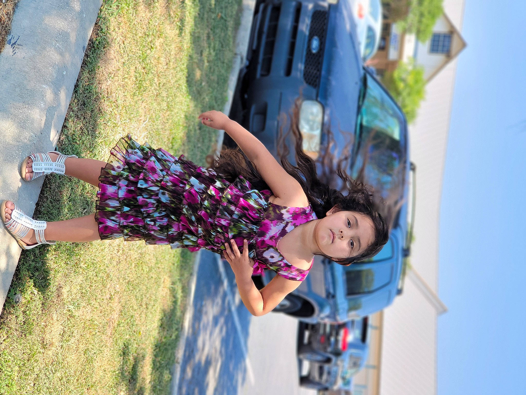 Hanna-mae is registered to the contest to win money with this photo: arm, blue, car, dress, electric_blue, fun, grass, happy, leisure, magenta, person, pink, plant, purple, recreation, smile, snapshot, summer, thigh, tree