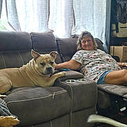 Mack joined the competition — help win amazing prizes! blue_shorts, cardboard_box, couch, curtains, dog, floral_shirt, handbag, indoors, living_room, person, pet, portrait, recliner, shelving, short_hair, sitting, smiling, window, woman, wood_floor