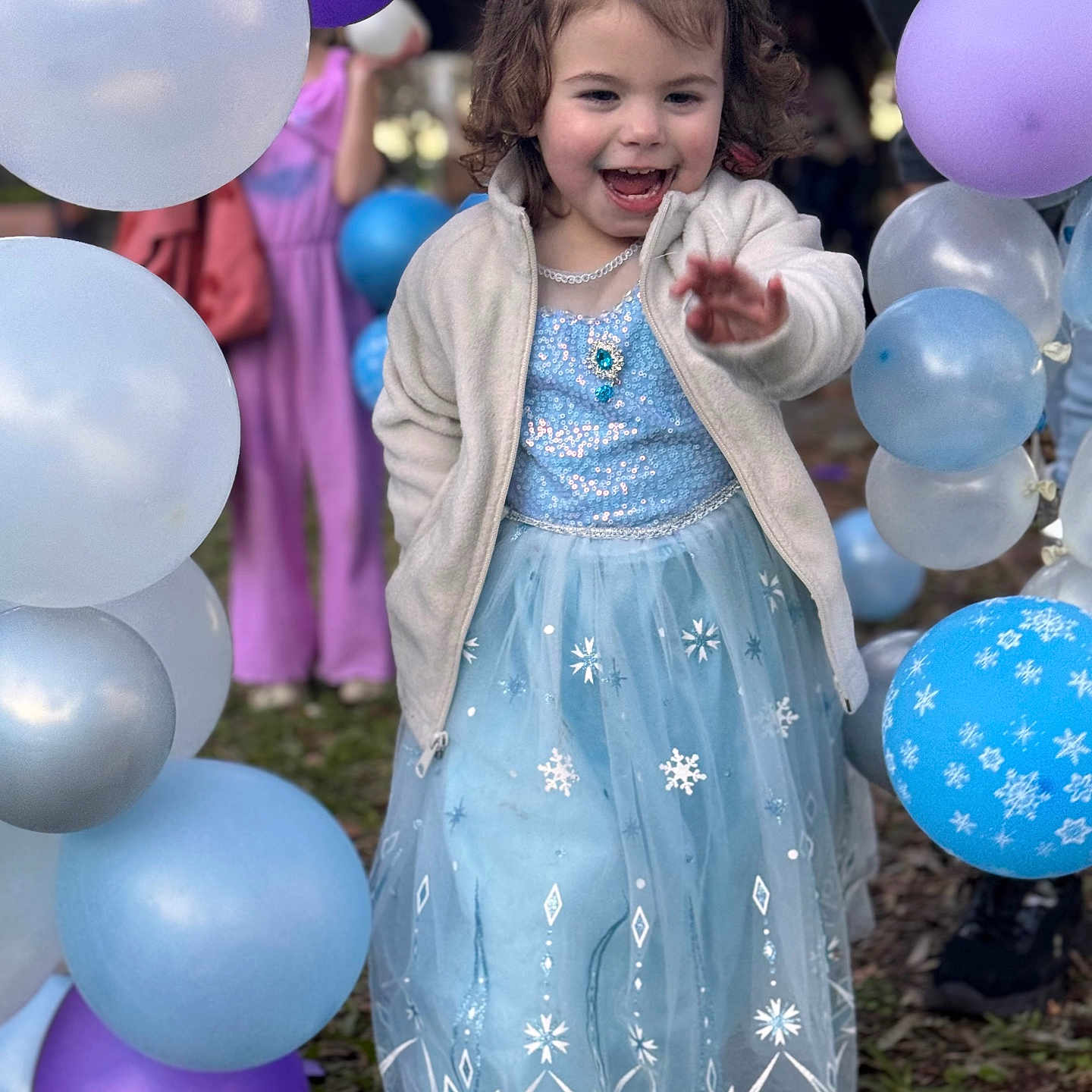 Amora joined the competition — help win amazing prizes! adult, architecture, balloon, building, child, clothing, dress, face, female, formalwear, girl, head, outdoors, people, person, photography, portrait, purple, shelter, sphere