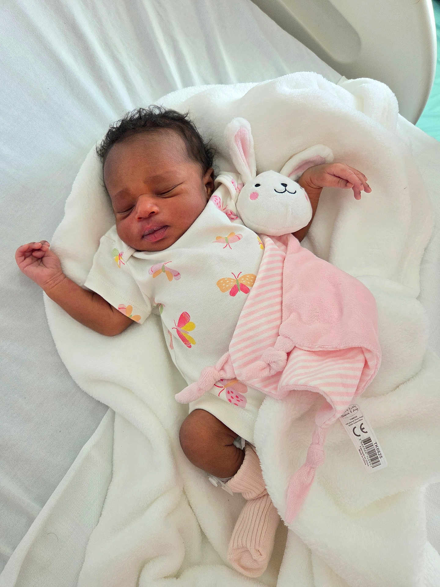 Lyanna Suzy participe au concours pour gagner de l'argent avec cette photo : newborn, baby, sleeping, blanket, onesie, butterfly_pattern, plush_toy, bunny, pink, white, soft, cuddling, infant, child, cute, resting, indoors, cozy, socks, peaceful
