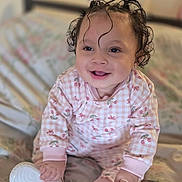 Kallista joined the competition — help win amazing prizes! baby, child, infant, smiling, happy, curly_hair, sitting, bed, bedroom, portrait, indoors, pajamas, pink_clothing, shoes, white_shoes, hands, face, laughter, cozy, photograph