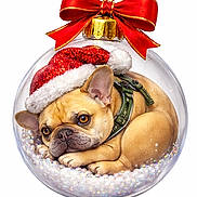 Raoul a rejoint le concours — aidez-le/la à gagner de superbes lots ! adorable, animal, beads, christmas, christmas_ornament, closeup, curled_up, cute, decor, dog, festive, french_bulldog, holiday, holiday_decoration, isolated, pet, puppy, red_bow, santa_hat, white_background