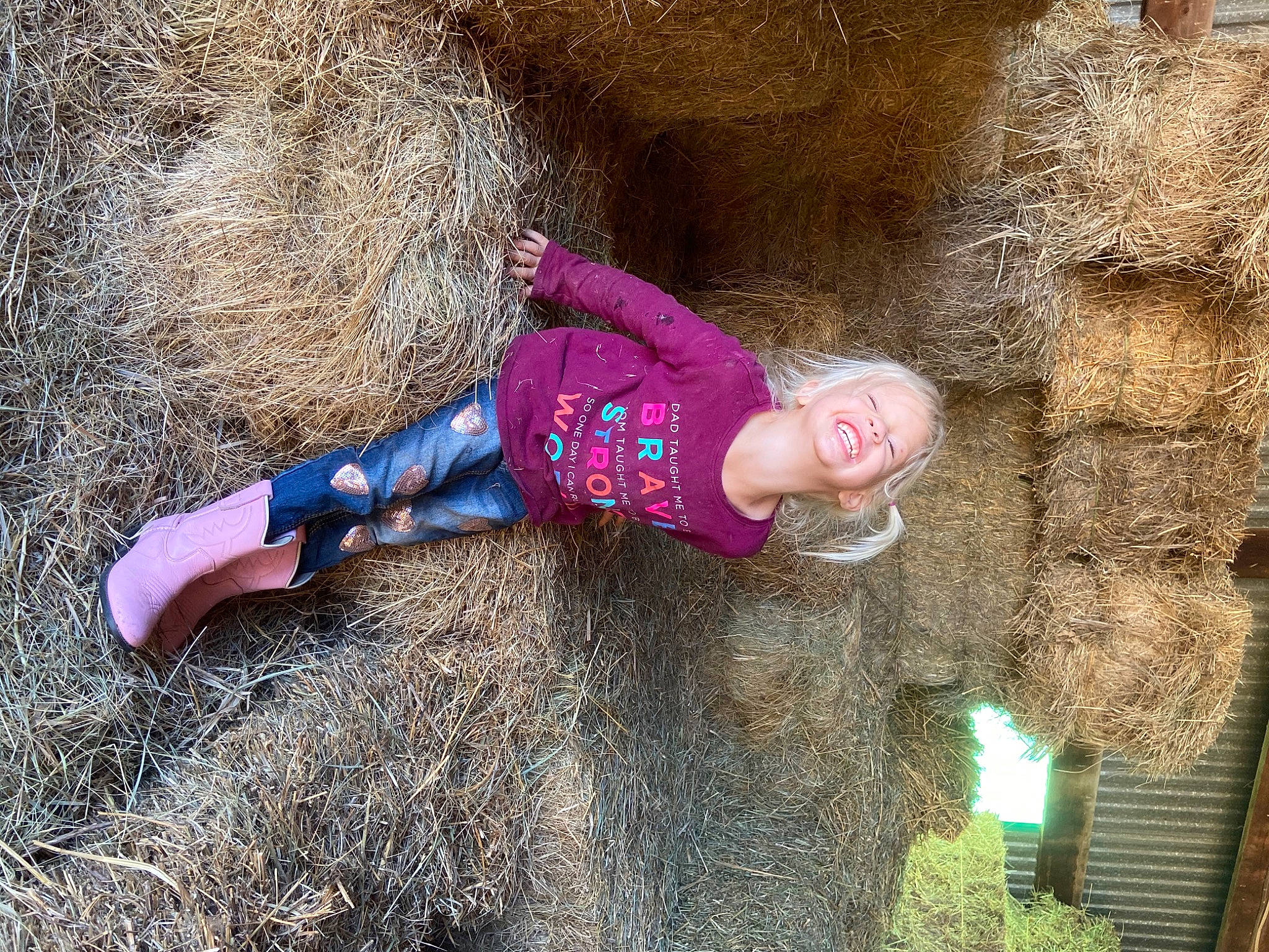 Addyson joined the competition — help win amazing prizes! baby, child, electric_blue, fun, fur, grass, hay, leisure, magenta, people_in_nature, person, plant, recreation, soil, t_shirt, thigh, toddler, tree, trunk, wood