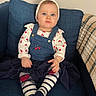 Jena a rejoint le concours — aidez-le/la à gagner de superbes lots ! baby, child, indoor, couch, blue_eyes, headband, denim_overalls, striped_tights, heart_pattern, white_shirt, navy_couch, toddler, sitting, cute, portrait, young_child, clothing, cozy, home, person