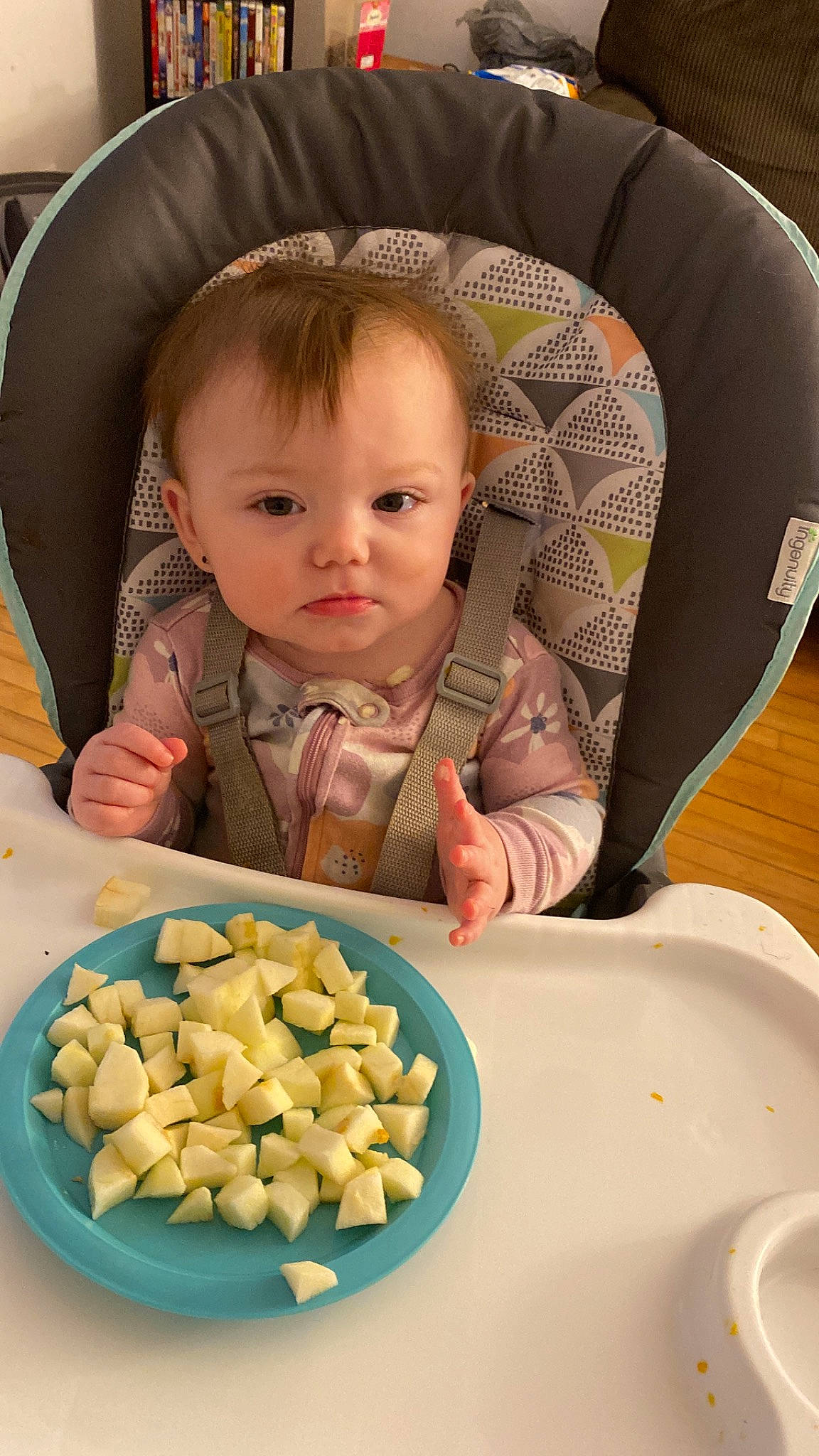 Ayva joined the competition — help win amazing prizes! baby, chair, cheek, child, clothing, comfort, cuisine, face, food, hair, hairstyle, hand, head, human_body, mouth, organ, person, product, tableware, toddler