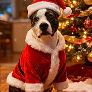 Buddy joined the competition — help win amazing prizes! dog, santa_hat, christmas_tree, holiday, festive, costume, red_clothing, white_fur_trim, indoor, wooden_floor, decorations, ornaments, lights, pet, cute, seasonal, celebration, festivity, warm_lighting, holiday_spirit