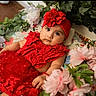 adorable, baby, colorful, cute, decor, eyes, face, flower_arrangement, hand, headband, indoors, infant, lace, lying_down, pink_flowers, portrait, red_dress, skin, soft_lighting, white_flowers