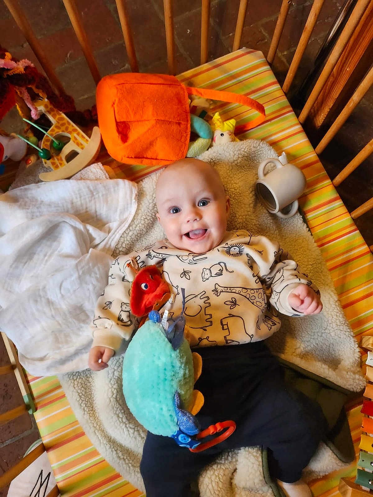 Timothé a rejoint le concours — aidez-le/la à gagner de superbes lots ! baby, infant, smiling, toy, blanket, crib, wooden, plush_toy, sweater, animal_print, happy, child, indoor, cushion, mug, striped, colorful, playful, cute, cozy