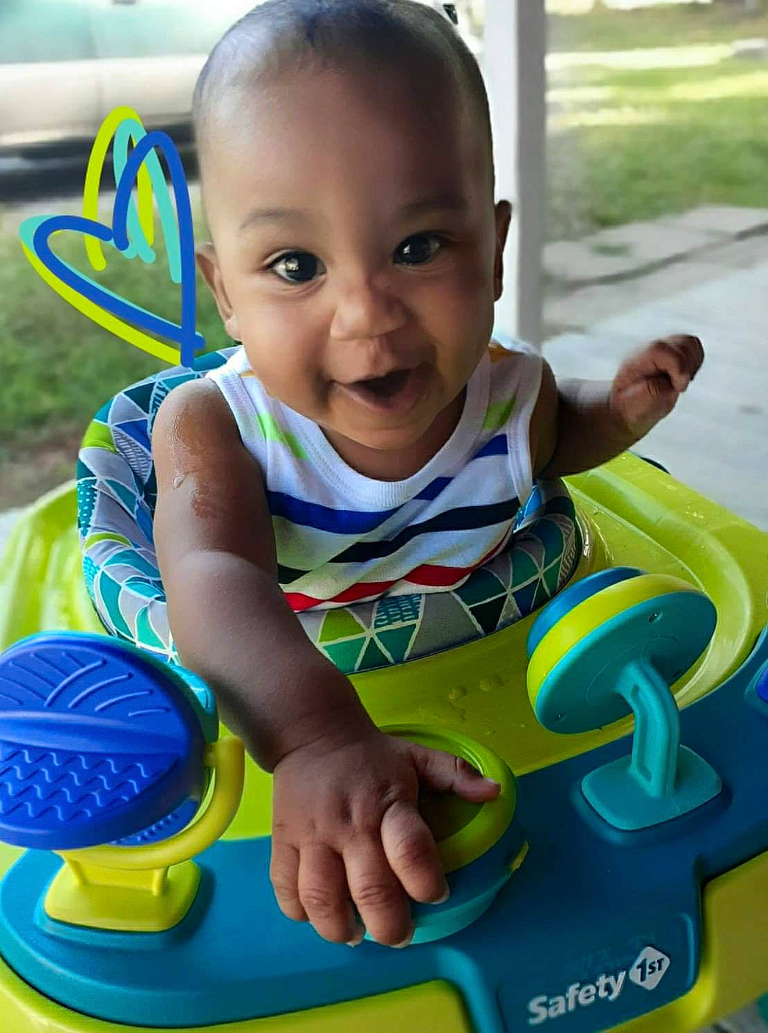 Zaire joined the competition — help win amazing prizes! baby, baby_playing_with_toys, baby_products, baby_toys, blue, child, fun, person, play, product, recreation, sitting, smile, toddler, toy, vacation, yellow