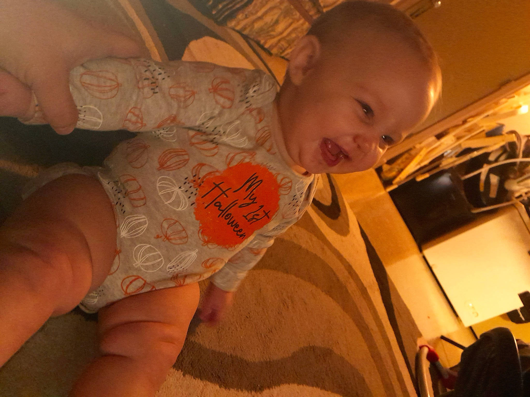 Jade joined the competition — help win amazing prizes! abdomen, baby, baby_toddler_clothing, chest, finger, fun, happy, human_leg, mouth, nail, orange, pattern, peach, person, skin, smile, t_shirt, thumb, toddler, trunk