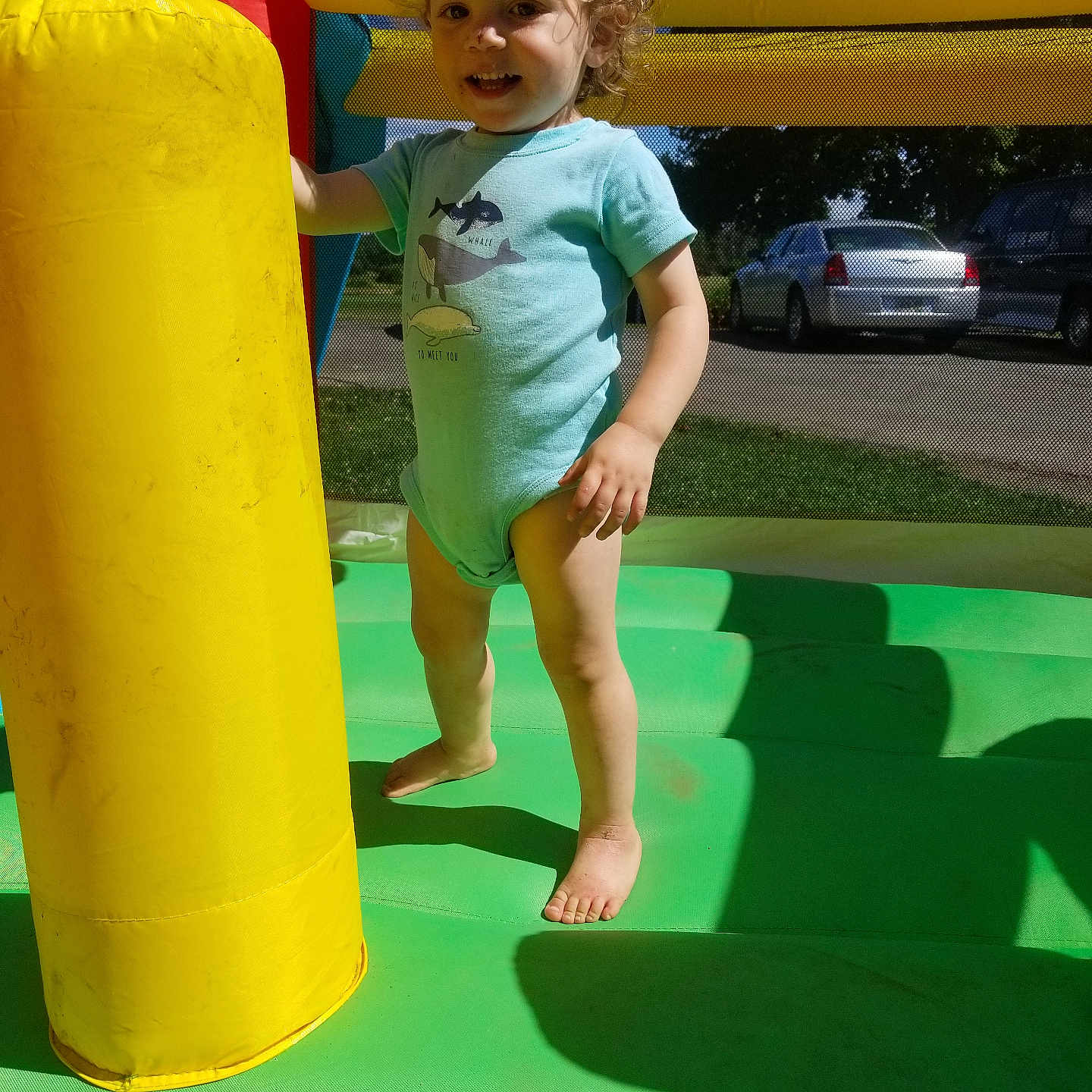 Gideon is registered to the contest to win money with this photo: toddler, curly_hair, barefoot, inflatable, bounce_house, yellow_pillar, blue_shirt, outdoor, sunlight, shadow, grass, trees, cars, mesh, play, child, smile, fun, summer, green_floor