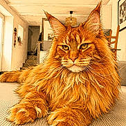 Urkan participe au concours pour gagner de l'argent avec cette photo : cat, maine_coon, orange_cat, fluffy_fur, pet, indoor, home, living_room, furniture, stairs, lamp, portrait, animal, whiskers, relaxed, close_up, feline, house, cozy, sketch_effect