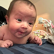 Celia is registered to the contest to win money with this photo: baby, bed, blanket, child, cozy, curious, cute, expression, face, hands, indoors, infant, lying_down, mobile, person, room, skin, smile, toy, young