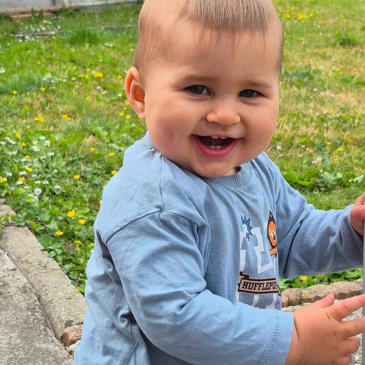 Mayröwn a rejoint le concours — aidez-le/la à gagner de superbes lots ! blue_shirt, casual_clothing, child, cute, daylight, face, flowers, grass, grass_field, hands, happy, head, nature, outdoor, person, playing, portrait, smiling, toddler, young_child