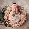 Gabriella is registered to the contest to win money with this photo: newborn, baby, sleeping, portrait, headband, basket, swaddle, blanket, heart, greenery, plant, indoor, newborn_photography, soft_lighting, neutral_tones, cozy, peaceful, face, infant, text_overlay