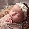 newborn, baby, sleeping, portrait, headband, flower, blanket, swaddle, infant, face, hands, closed_eyes, peaceful, cozy, soft_lighting, indoor, photography, text_overlay, memory, baby_photography