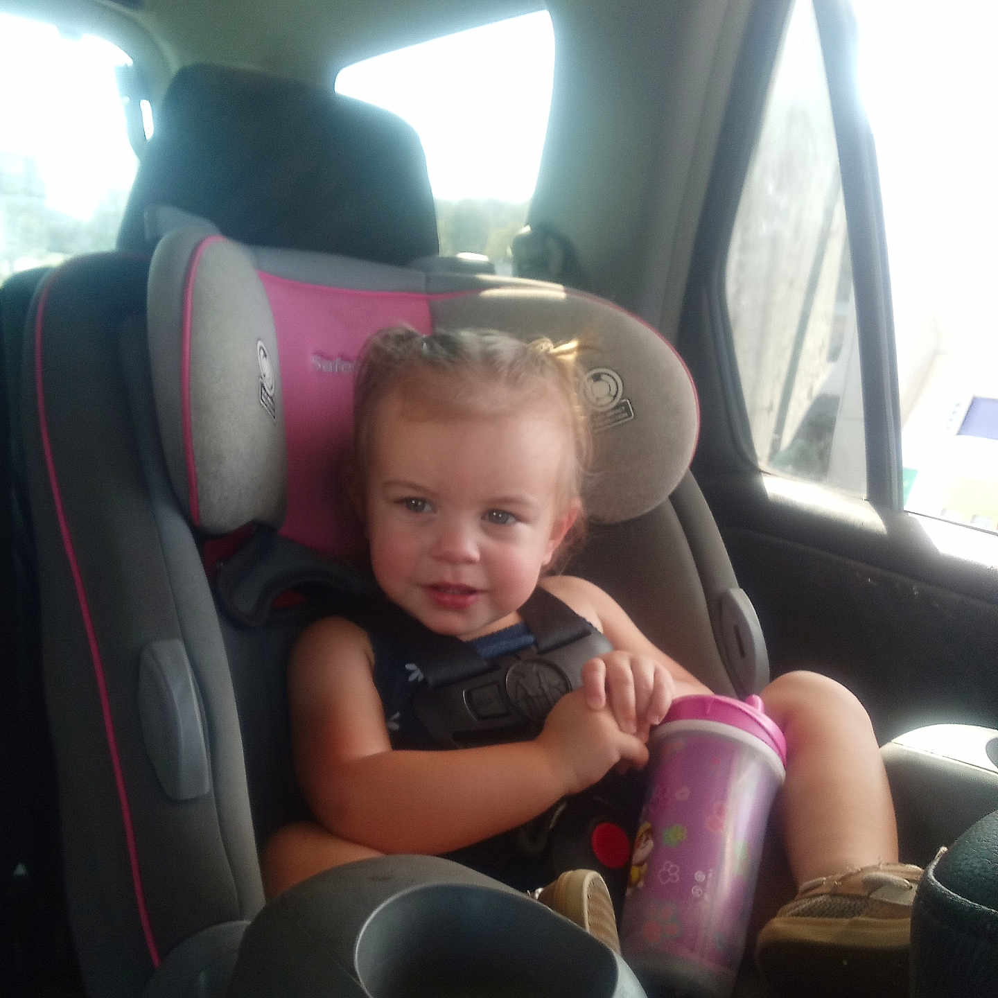 Averee is registered to the contest to win money with this photo: braided_hair, car_interior, car_seat, casual_clothing, child, child_protection, curious_expression, footwear, gray, natural_light, pink, purple, relaxed_pose, safety_harness, seatbelt, sippy_cup, sitting, toddler, toy_pattern, window