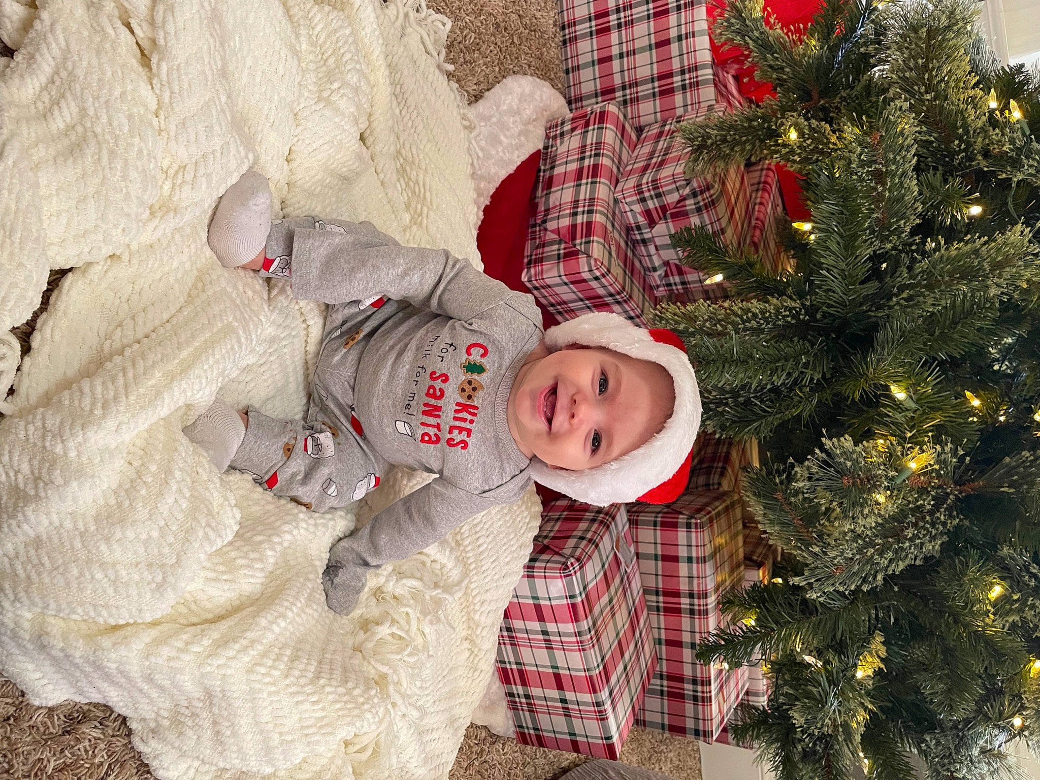 Rhett is registered to the contest to win money with this photo: baby_toddler_clothing, christmas_ornament, christmas_tree, event, evergreen, facial_expression, happy, head, headwear, holiday_ornament, joy, ornament, pattern, people_in_nature, person, plaid, plant, sleeve, smile, tartan