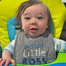 Thomas is registered to the contest to win money with this photo: baby, child, bib, high_chair, toddler, face, blue_clothing, drool, curly_hair, indoor, colorful, expression, cute, young_child, person, portrait, seat, smiling, hands, bright_colors