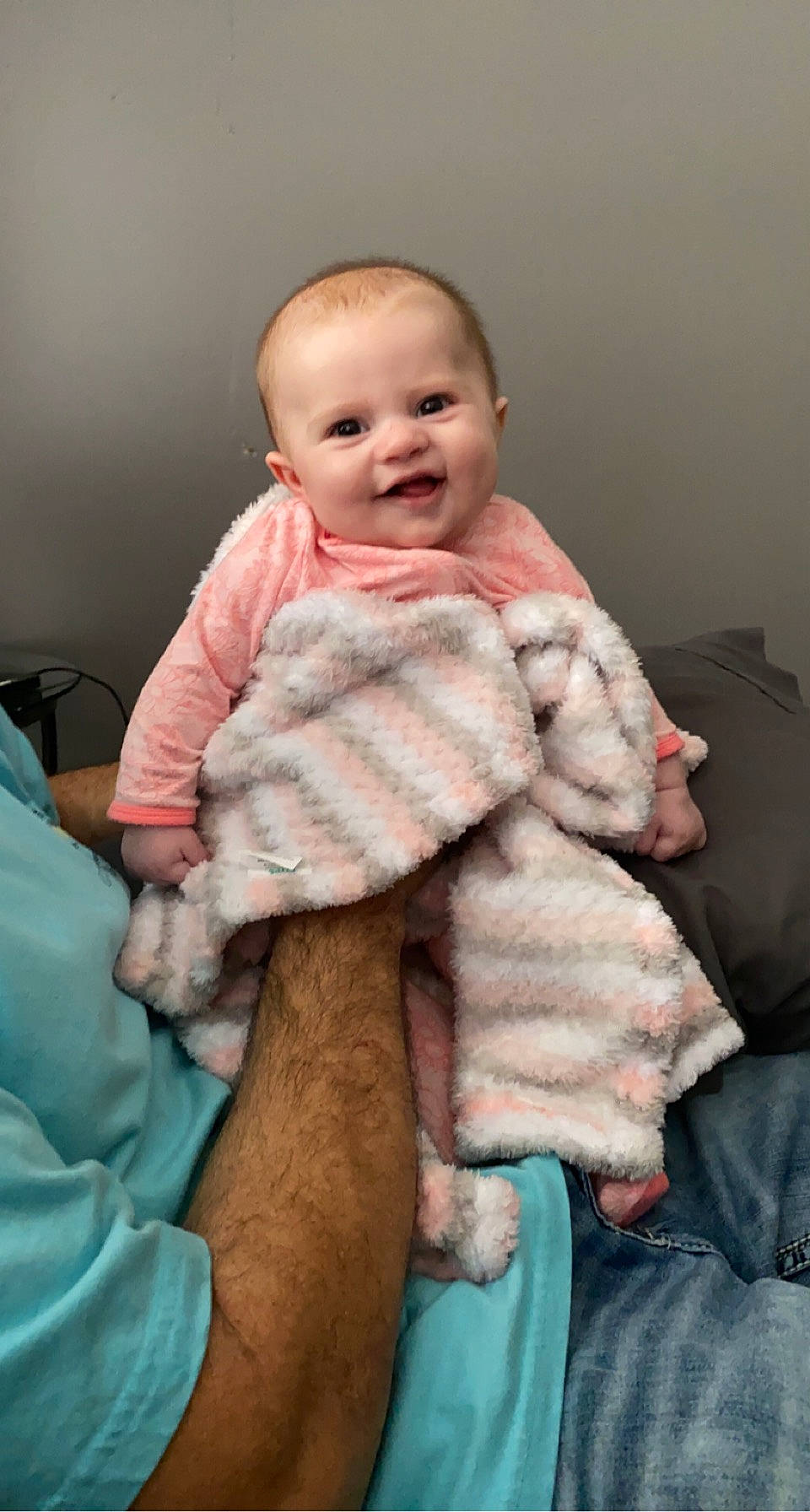 Meadow joined the competition — help win amazing prizes! baby, baby_toddler_clothing, cheek, child, comfort, eye, face, fur, gesture, happy, joy, leg, linens, person, room, sitting, skin, sleeve, smile, thumb