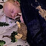 baby, sleeping, blanket, plush_toy, pacifier, bedspread, trees, woodland, moose, cozy, child, face, infant, cute, resting, soft, comfort, indoor, peaceful, toddler