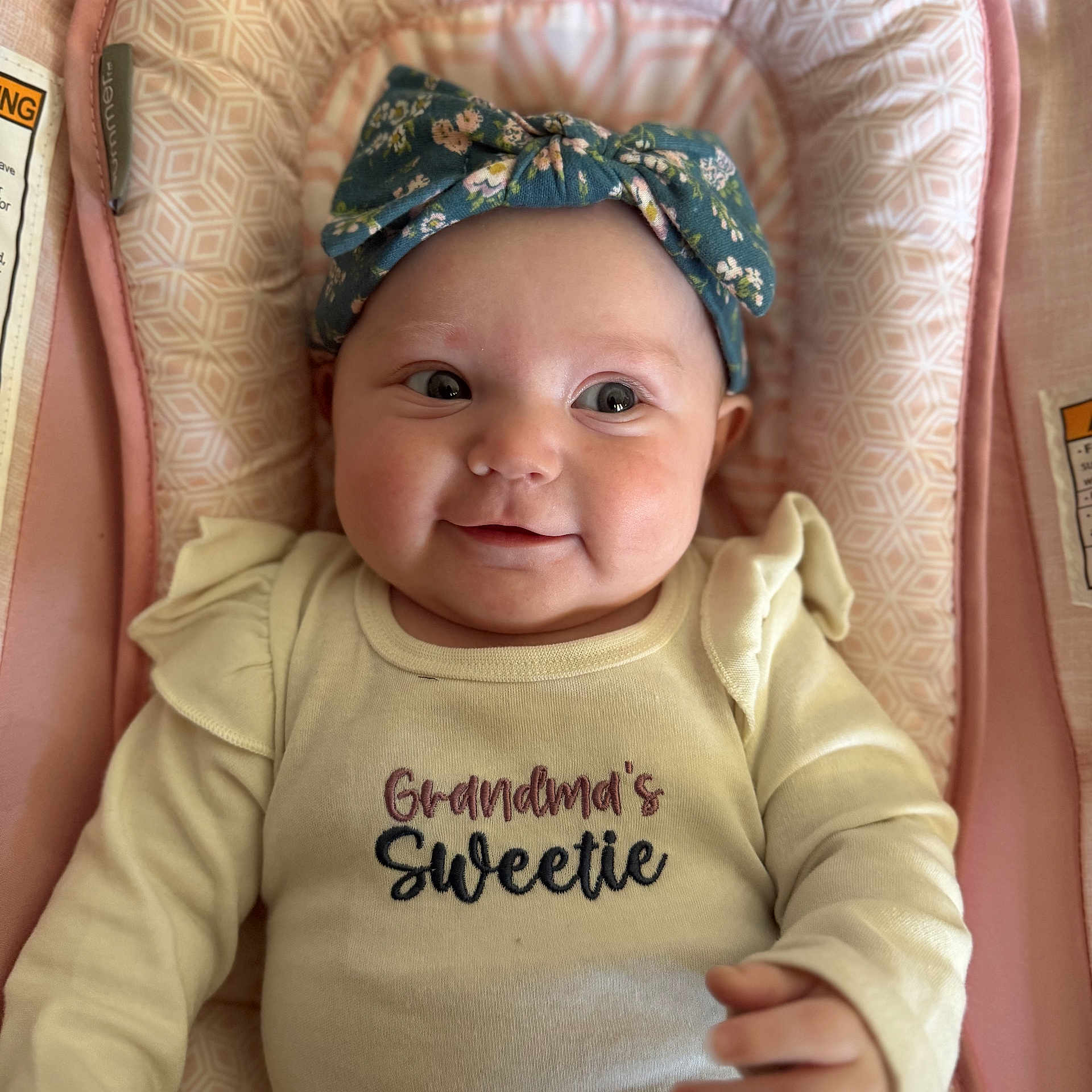 Kinslee is registered to the contest to win money with this photo: baby, infant, smiling, headband, floral, clothing, sitting, seat, pink, pattern, cute, child, portrait, happy, young, person, indoors, fabric, soft, comfort
