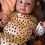 baby, infant, polka_dot, clothing, pacifier, blanket, soft_toys, cute, face, portrait, child, lying_down, indoors, closeup, expression, newborn, human, skin, hand, gaze