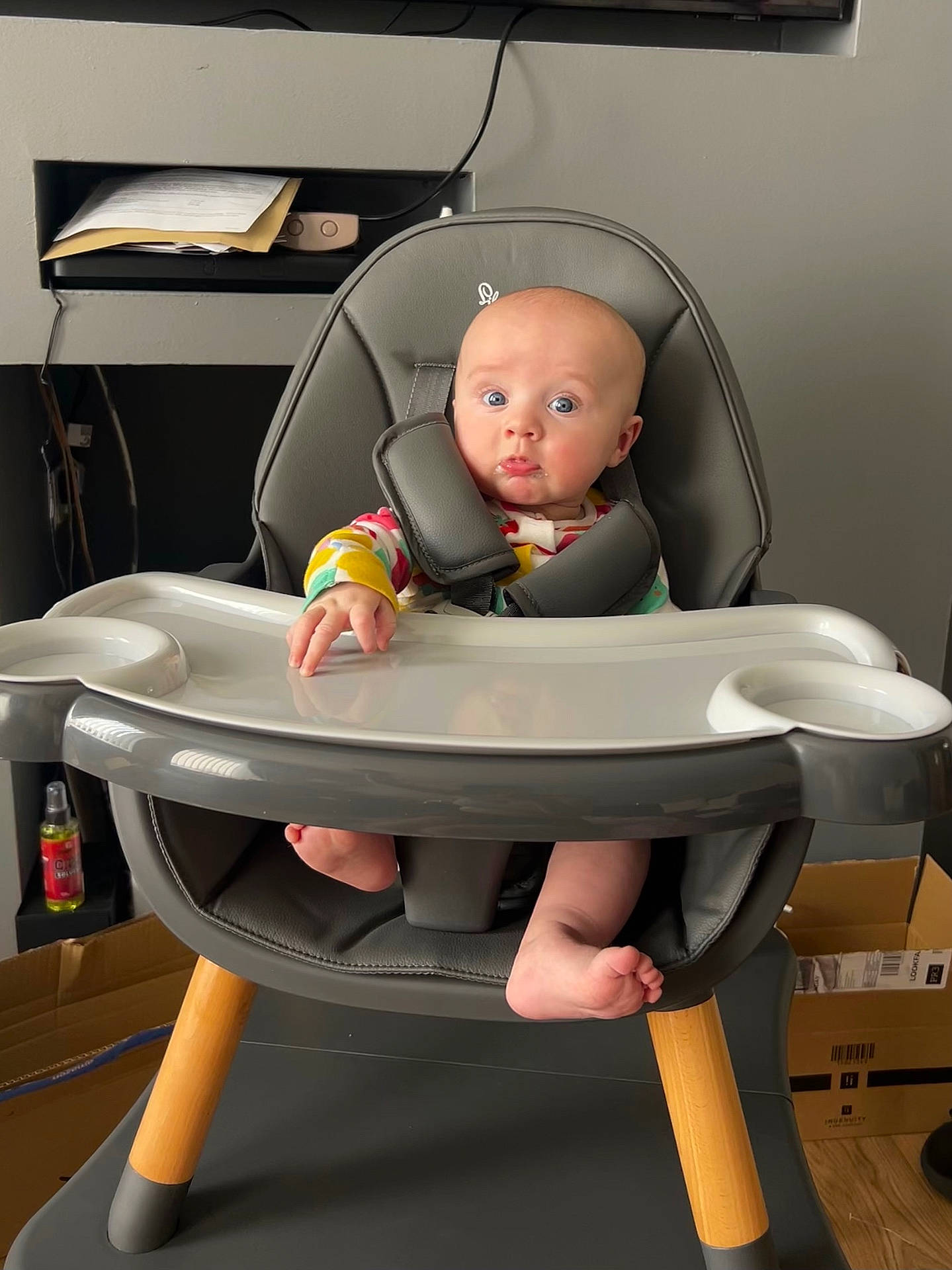 baby, baby_clothing, baby_seat, blue_eyes, cardboard_box, colorful_onesie, curious_expression, face, floor, foot, gray_wall, hand, high_chair, indoor, modern_furniture, papers, plastic_tray, shelf, straps, wooden_legs