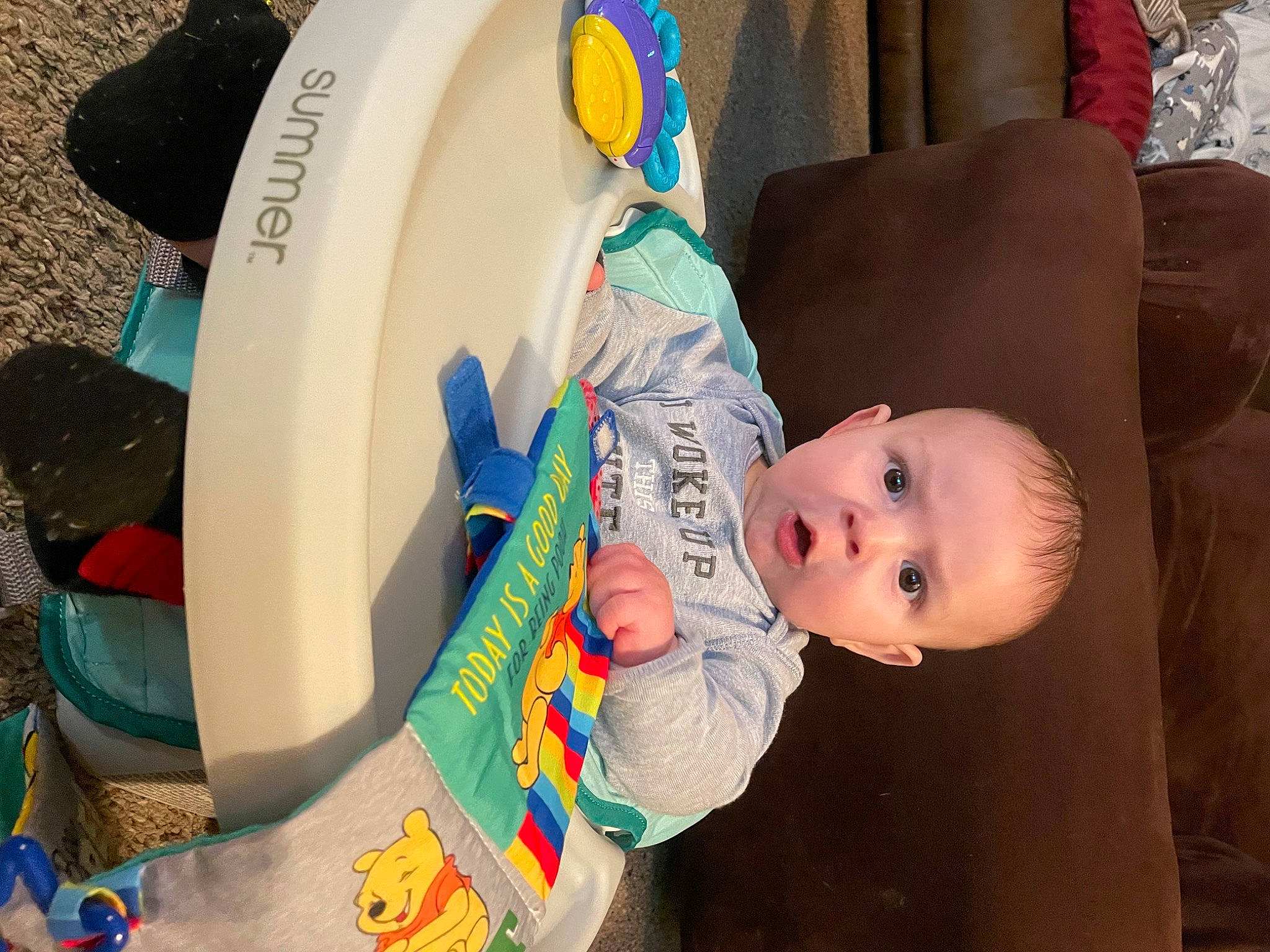 Emerson is registered to the contest to win money with this photo: baby, baby_products, baby_safety, baby_toddler_clothing, baby_toys, cheek, child, comfort, couch, curtain, fun, happy, person, plastic, play, room, sitting, skin, surprise, textile