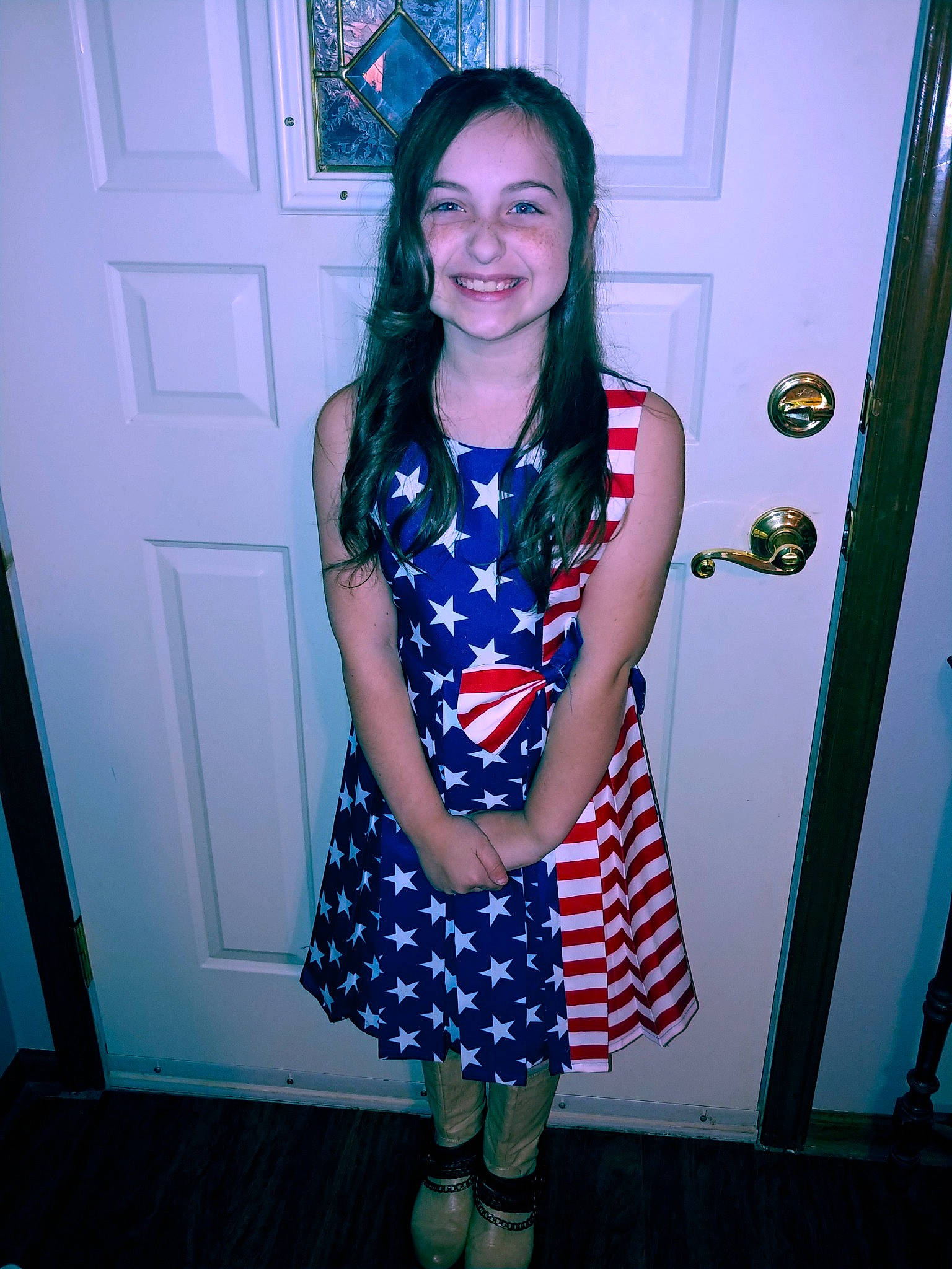 Kori joined the competition — help win amazing prizes! blue, clothing, day_dress, door, electric_blue, event, fashion_design, fun, hairstyle, happy, human_leg, jewellery, joy, pattern, person, room, sleeve, smile, standing, thigh