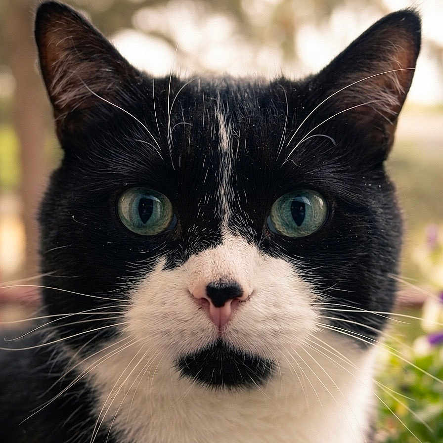 Aladin participe au concours pour gagner de l'argent avec cette photo : cat, black_and_white, close_up, portrait, animal, pet, whiskers, ears, green_eyes, fur, nature, outdoor, blurred_background, face, cute, feline, mammal, looking, nose