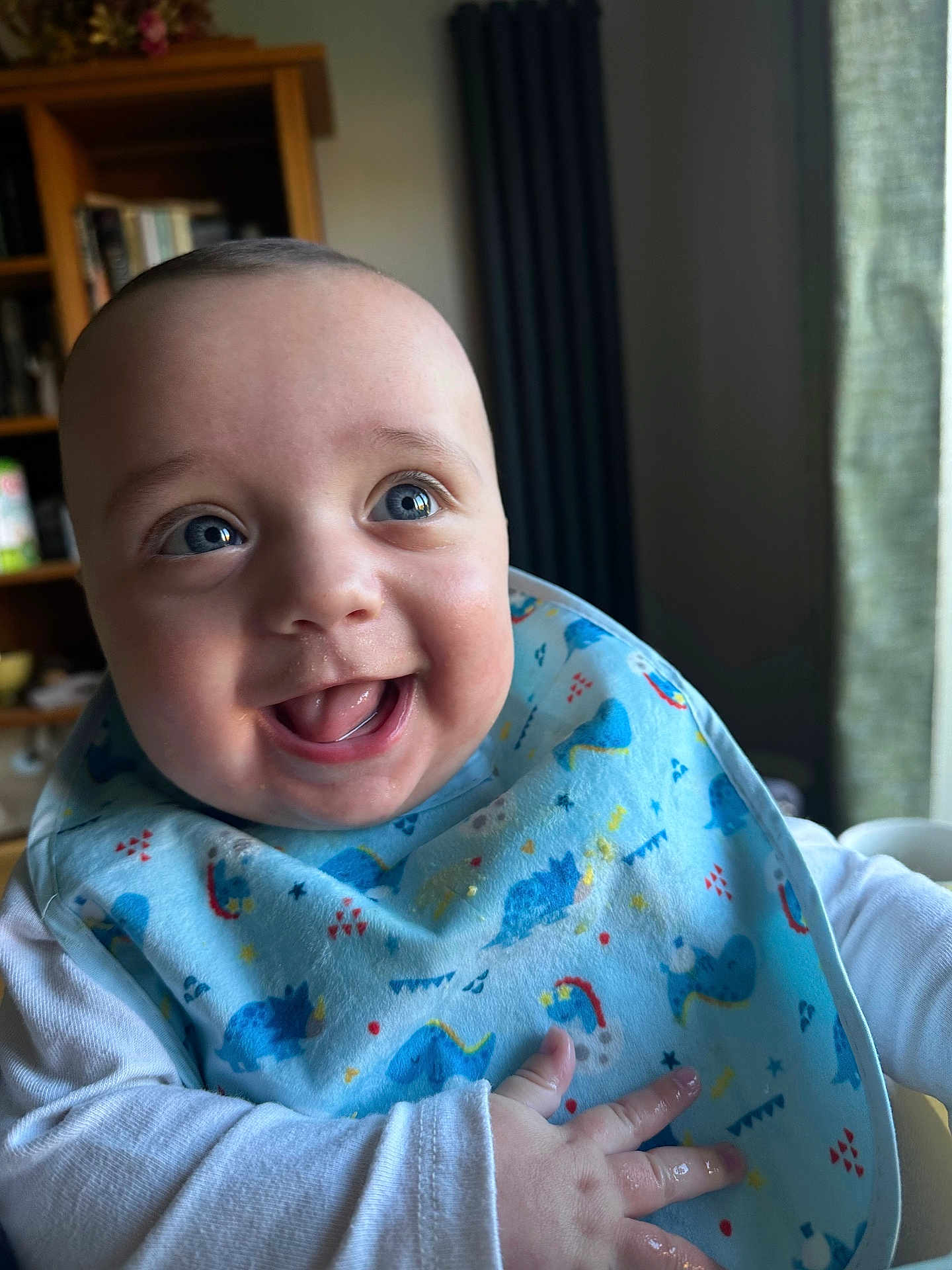 Isaac-George joined the competition — help win amazing prizes! baby, bib, blue_eyes, child, curtains, cute, dinosaur_pattern, expression, face, furniture, hand, happy, home, indoor, infant, natural_light, portrait, smiling, white_sleeves, window