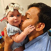 Helena is registered to the contest to win money with this photo: baby, child, father, parent, family, portrait, close_up, smiling, kissing, affection, holding, indoor, bow, headband, blue_clothing, infant, hands, face, love, candid