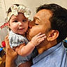 baby, child, father, parent, family, portrait, close_up, smiling, kissing, affection, holding, indoor, bow, headband, blue_clothing, infant, hands, face, love, candid