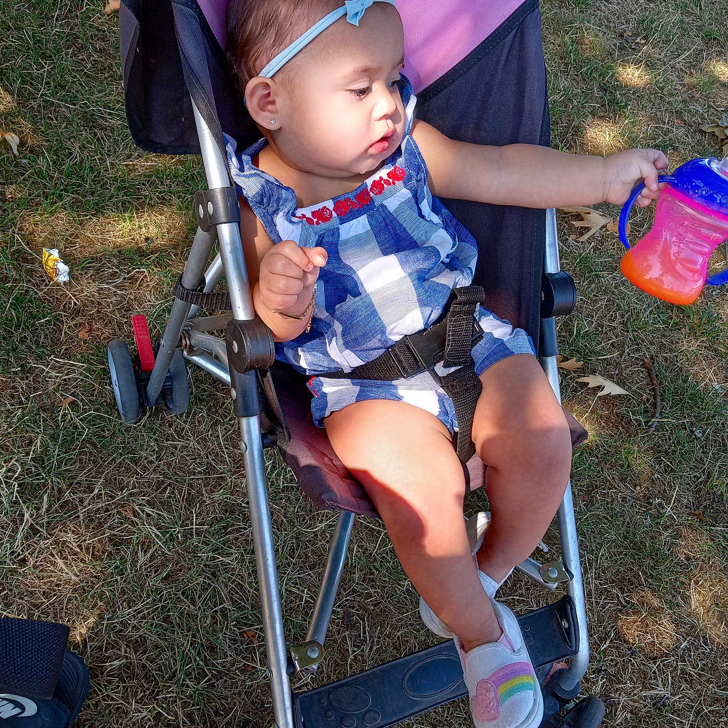 Debani joined the competition — help win amazing prizes! baby, blue_outfit, casual, child, daylight, footwear, grass, headband, leaves, nature, outdoor, playful, seatbelt, shoes, sippy_cup, stroller, summer, sunlight, toddler, young_child