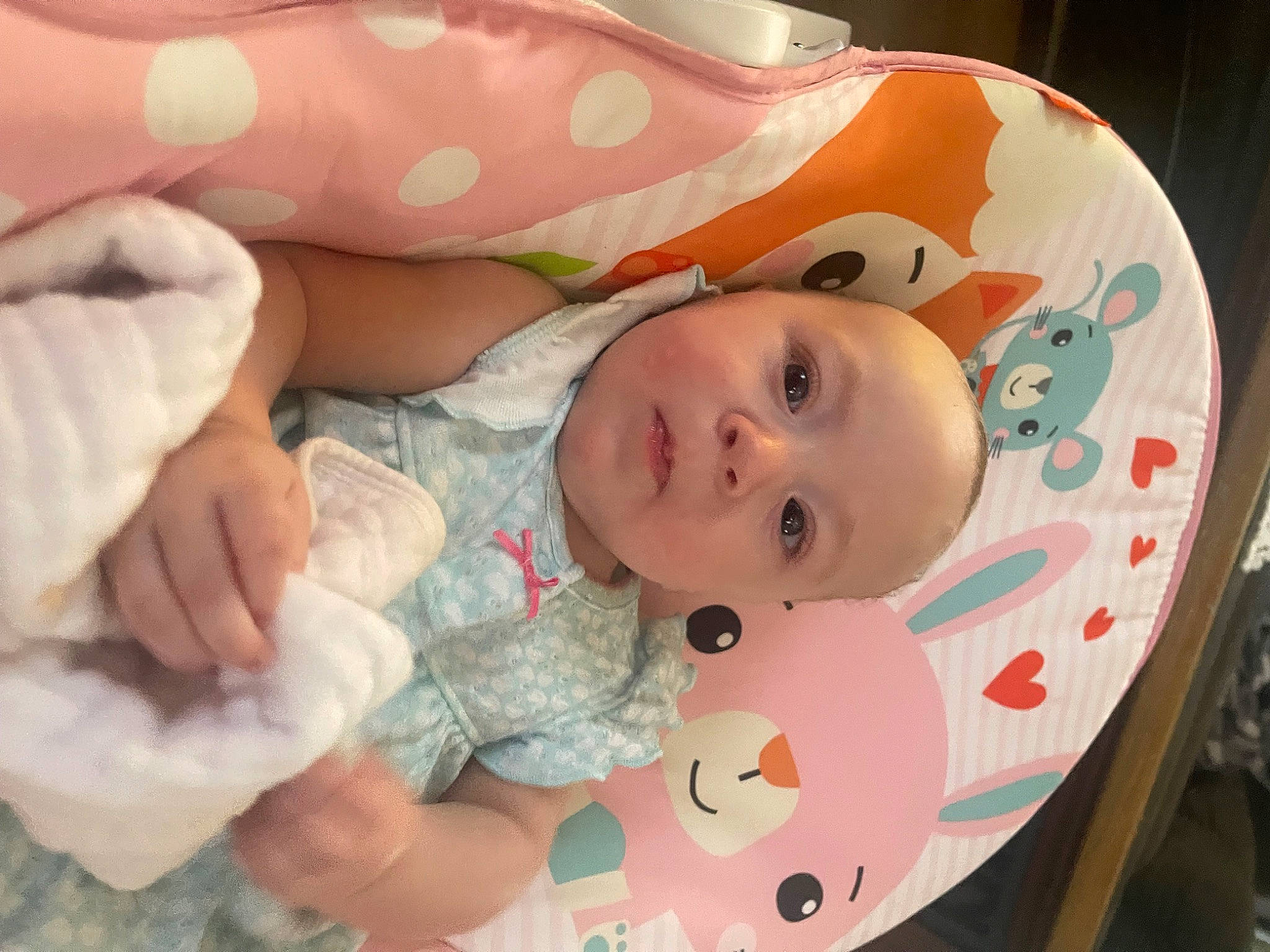 Adalynn joined the competition — help win amazing prizes! baby, baby_products, baby_toddler_clothing, cheek, child, comfort, eye, eyelash, head, headgear, iris, linens, pattern, person, pink, room, skin, textile, toddler