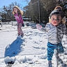 child, toddler, snow, winter, outdoor, sunlight, shadow, clothing, hat, gloves, play, nature, trees, sky, person, cold, fun, happy, face, daylight
