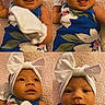 baby, child, infant, portrait, headband, bow, blue_clothing, floral_pattern, cute, smile, expression, white_mittens, pink_background, closeup, collage, lying_down, happy, playful, soft_texture, person