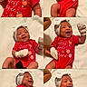 Caliyah joined the competition — help win amazing prizes! baby, infant, collage, red_onesie, white_mittens, headband, bow, smiling, happy, cute, newborn, portrait, child, soft_background, expression, sitting, clothing, person, indoor, multiple_images