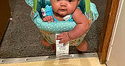Montina is registered to the contest to win money with this photo: baby, babygear, bed, bedroom, carpet, child, clothing, cute, doorframe, doorway, expression, floor, indoor, infant, jumper, person, play, sitting, tag, wood