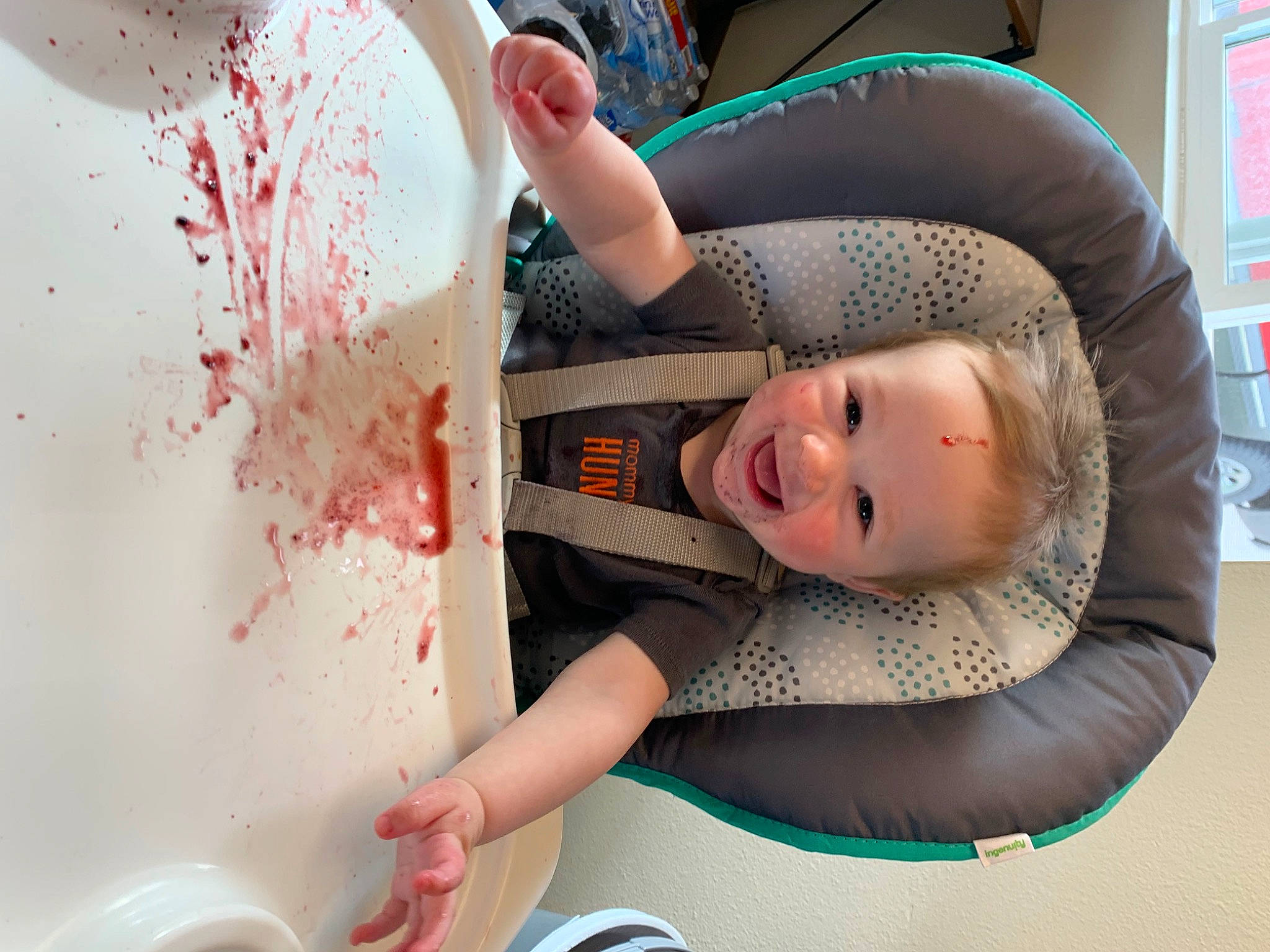 Lucius is registered to the contest to win money with this photo: art, baby, baby_products, bathing, blond, child, dishware, eyelash, fun, joy, mouth, paint, pattern, person, pink, product, room, skin, tableware, textile