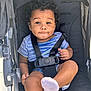 Noah is registered to the contest to win money with this photo: baby, black, child, comfortable, curly_hair, cute, expression, infant, onesie, outdoor, person, portrait, safety, seat, seatbelt, sitting, sock, straps, stroller, young_child