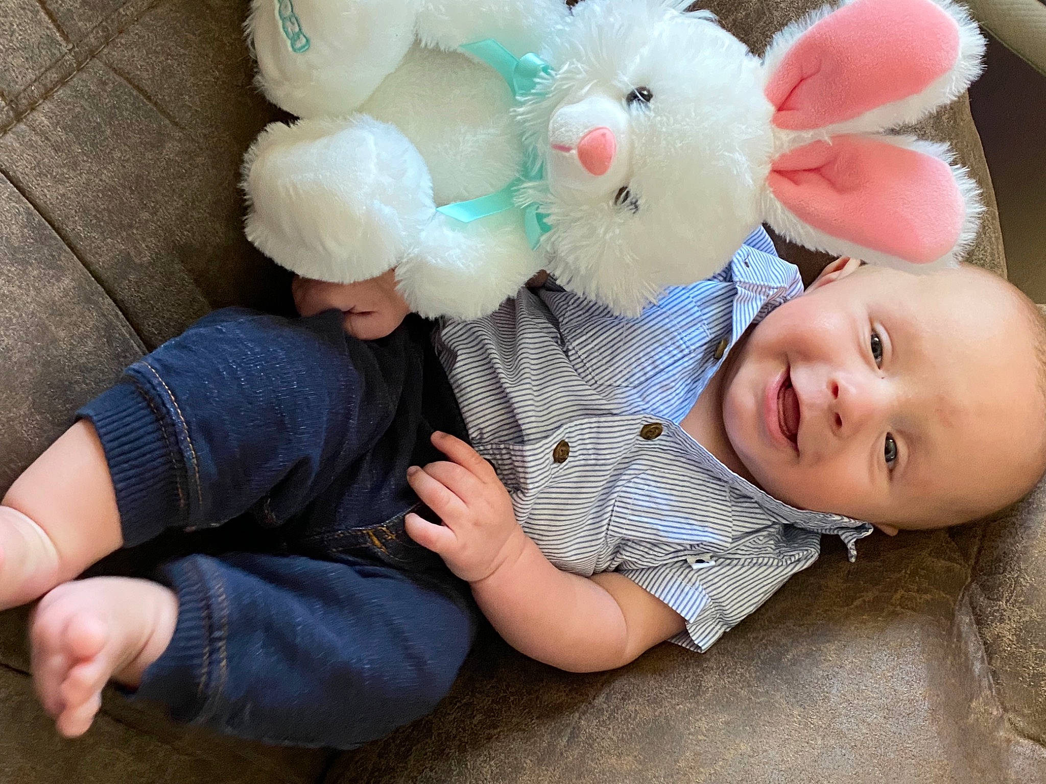 Trey is registered to the contest to win money with this photo: baby, baby_toddler_clothing, comfort, finger, foot, fur, grass, hand, happy, hat, human_leg, nail, pattern, person, plush, sitting, stuffed_toy, thumb, toddler, toy