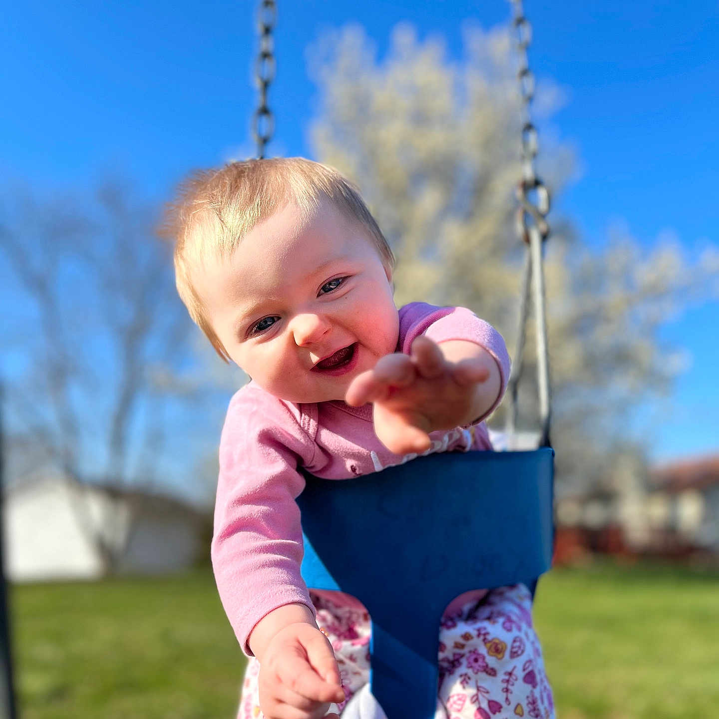 Savannah joined the competition — help win amazing prizes! baby, clothing, face, grass, happy, head, laughing, nature, outdoorplayarea, outdoors, pants, park, person, photography, plant, playarea, portrait, smile, swing, toy