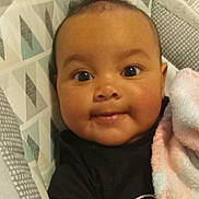 Yanny joined the competition — help win amazing prizes! baby, infant, face, smile, eyes, blanket, black_clothing, patterned_background, cute, closeup, child, indoors, soft_texture, cozy, person, portrait, happy, young, toddler, baby_seat