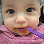 baby, bib, child, closeup, cute, expression, eyes, face, feeding, food, hand, indoor, infant, messy, mouth, person, pink, portrait, skin, spoon