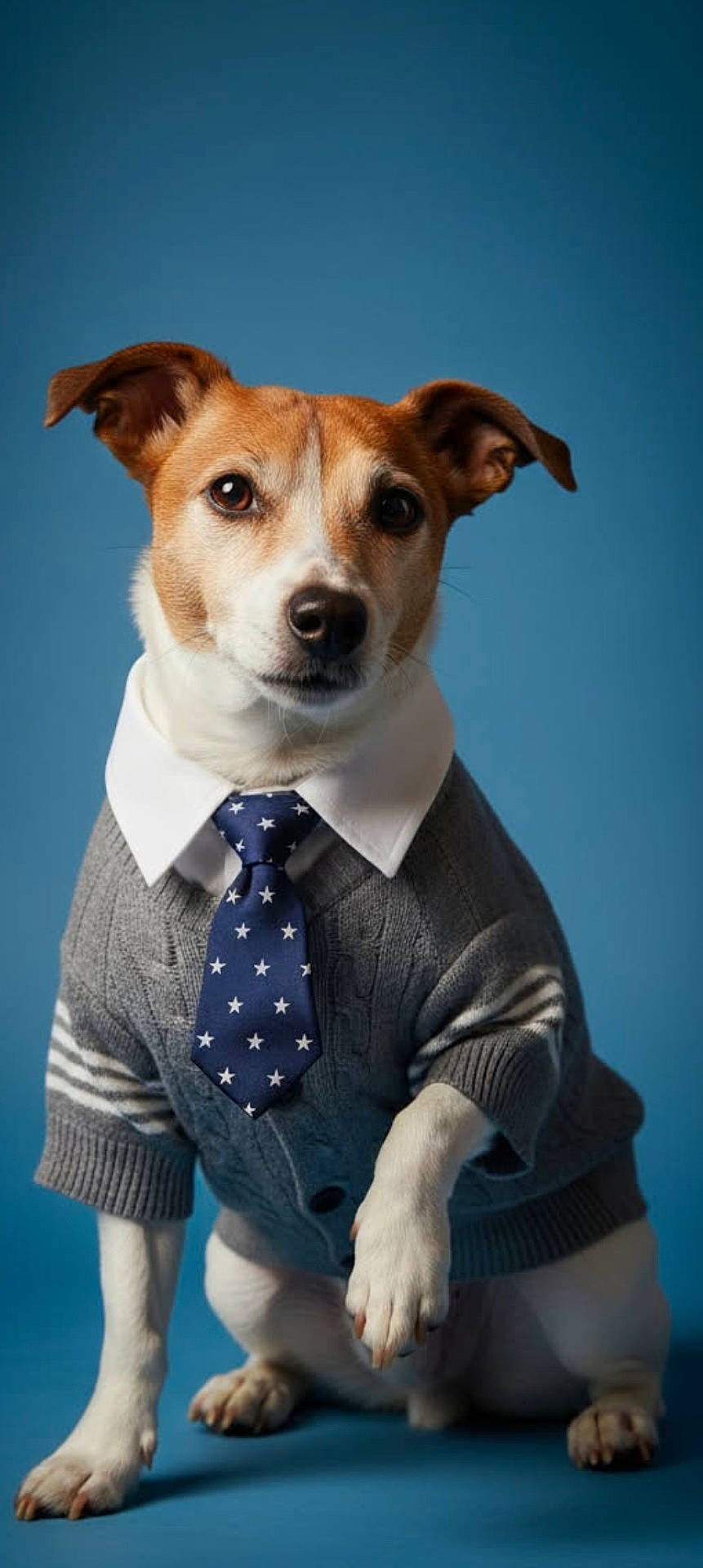 Buzz participe au concours pour gagner de l'argent avec cette photo : animal, blue_background, clothing, cute, dog, fashion, funny, indoor, jack_russell_terrier, looking_at_camera, paw, pet, portrait, posing, small_dog, studio, sweater, tie, well_dressed, white_and_brown