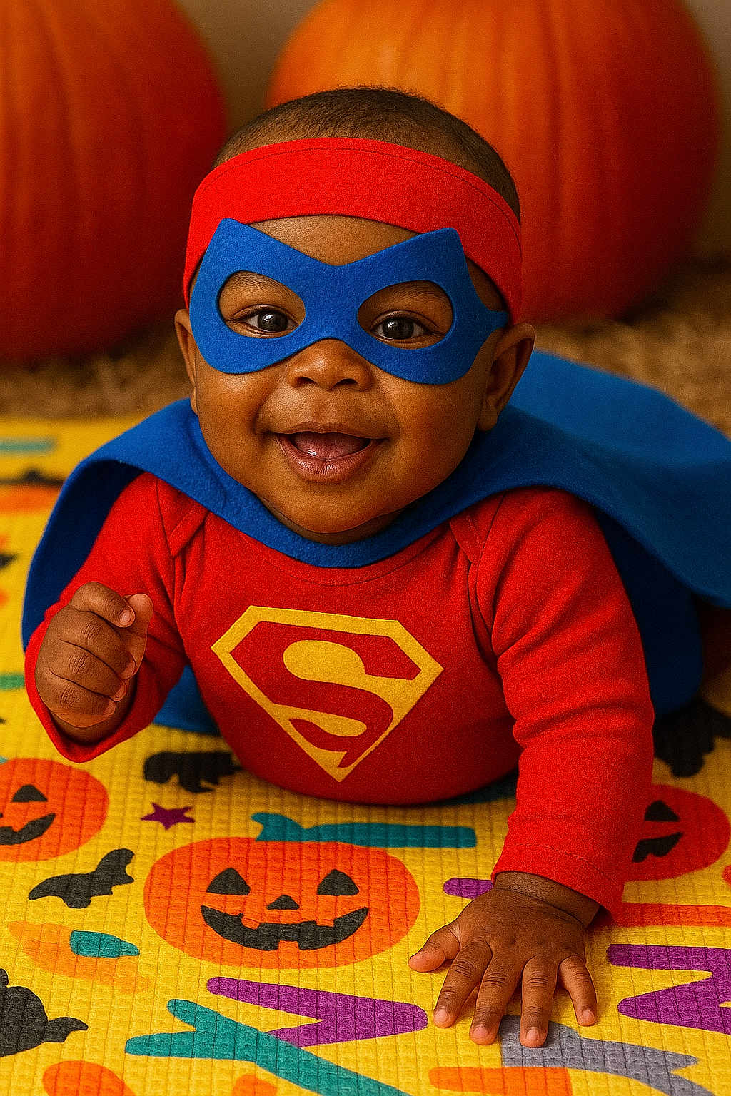 Elijah joined the competition — help win amazing prizes! baby, blue_mask, cape, child, costume, cute, festive, halloween, happy, holiday, indoor, infant, mask, mat, playful, portrait, pumpkin, red_clothing, smiling, superhero