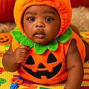 Elijah joined the competition — help win amazing prizes! alphabet, baby, child, costume, crawling, cute, eyes, face, green, halloween, hand, holiday, indoors, infant, orange, play_mat, pumpkin_costume, seasonal, smiling, toy