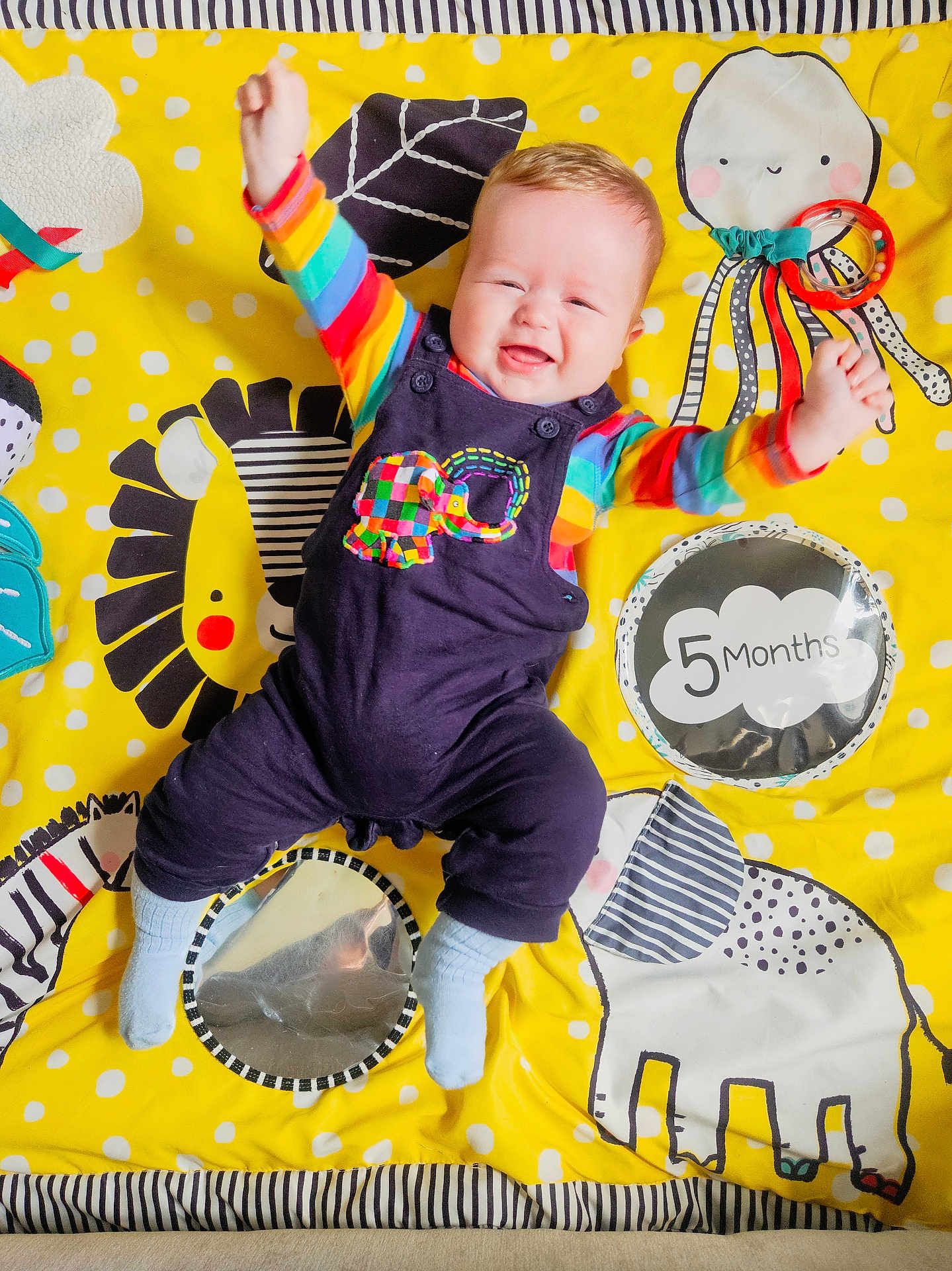 Dougie is registered to the contest to win money with this photo: baby, infant, smiling, colorful_clothing, playmat, yellow_background, striped_shirt, overalls, blue_socks, child, happy, toy, mirror, elephant, lion, octopus, zebra, raised_arms, indoor, cute